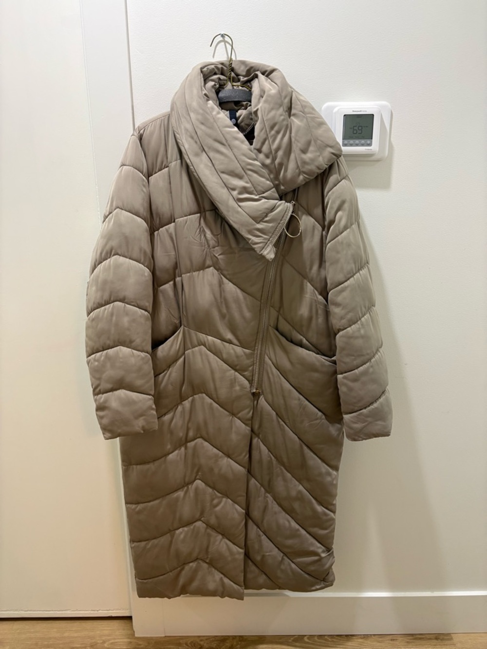 FLY LUXURY | Taupe Quilted Long Puffer Coat with Oversized Collar
